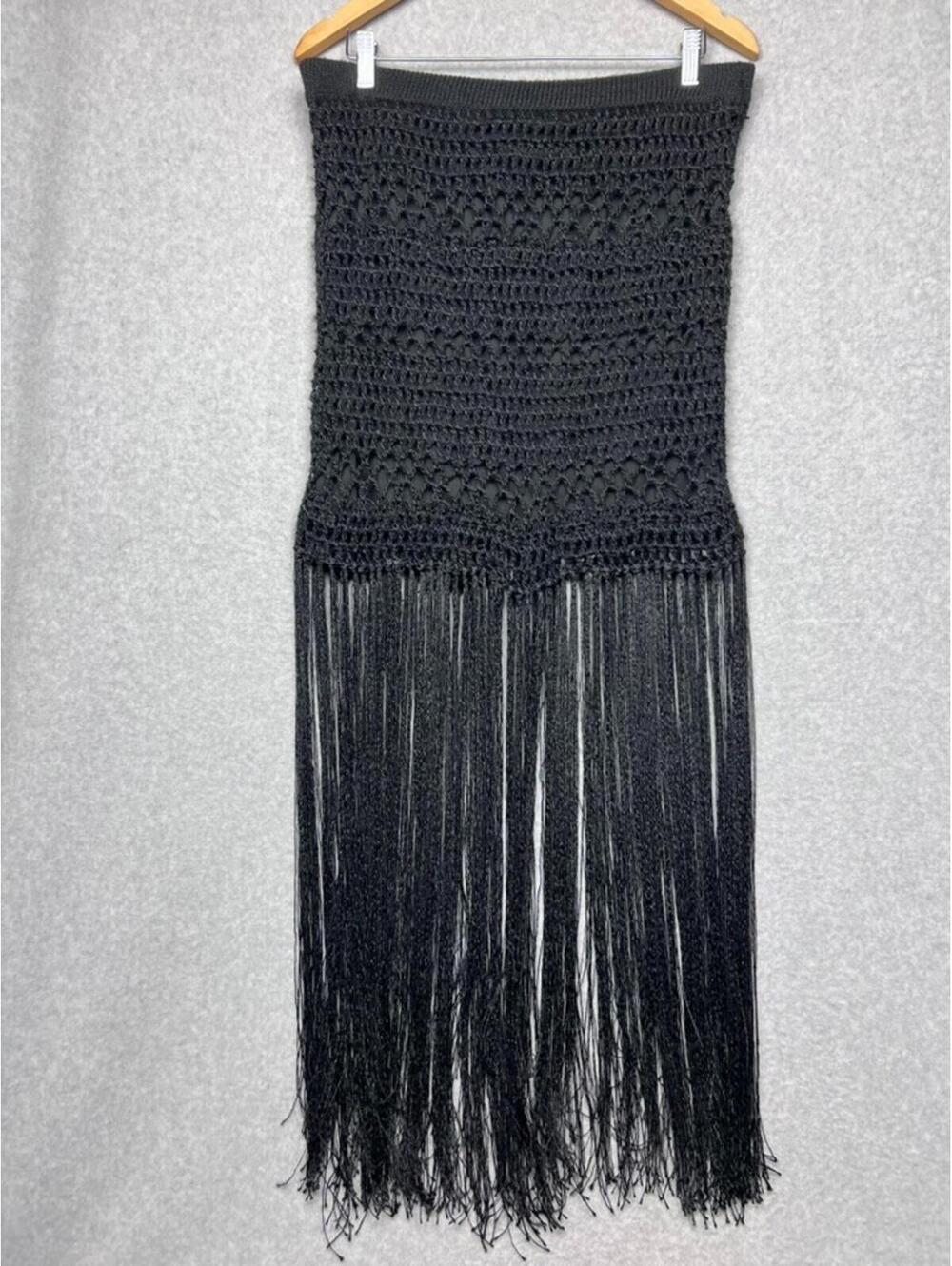 Zara Crochet Knit Fringe Maxi Skirt L Black Open Weave Macrame Beach Festival